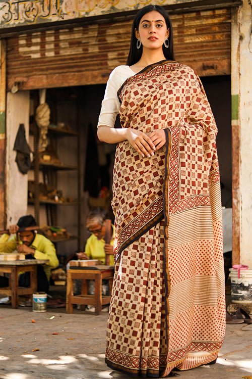 "CHROMA" BAGRU HANDBLOCK PRINT CHANDERI SILK SAREE - SootiSyahi