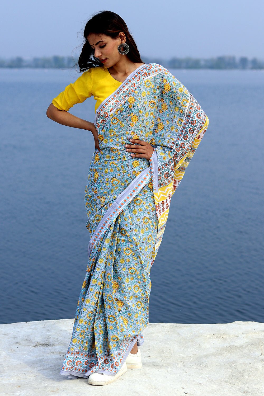 'COSMIC GRAY' HANDBLOCK PRINT MUL COTTON SRAEE - SootiSyahi