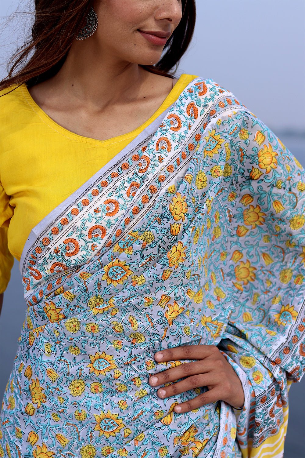 'COSMIC GRAY' HANDBLOCK PRINT MUL COTTON SRAEE - SootiSyahi