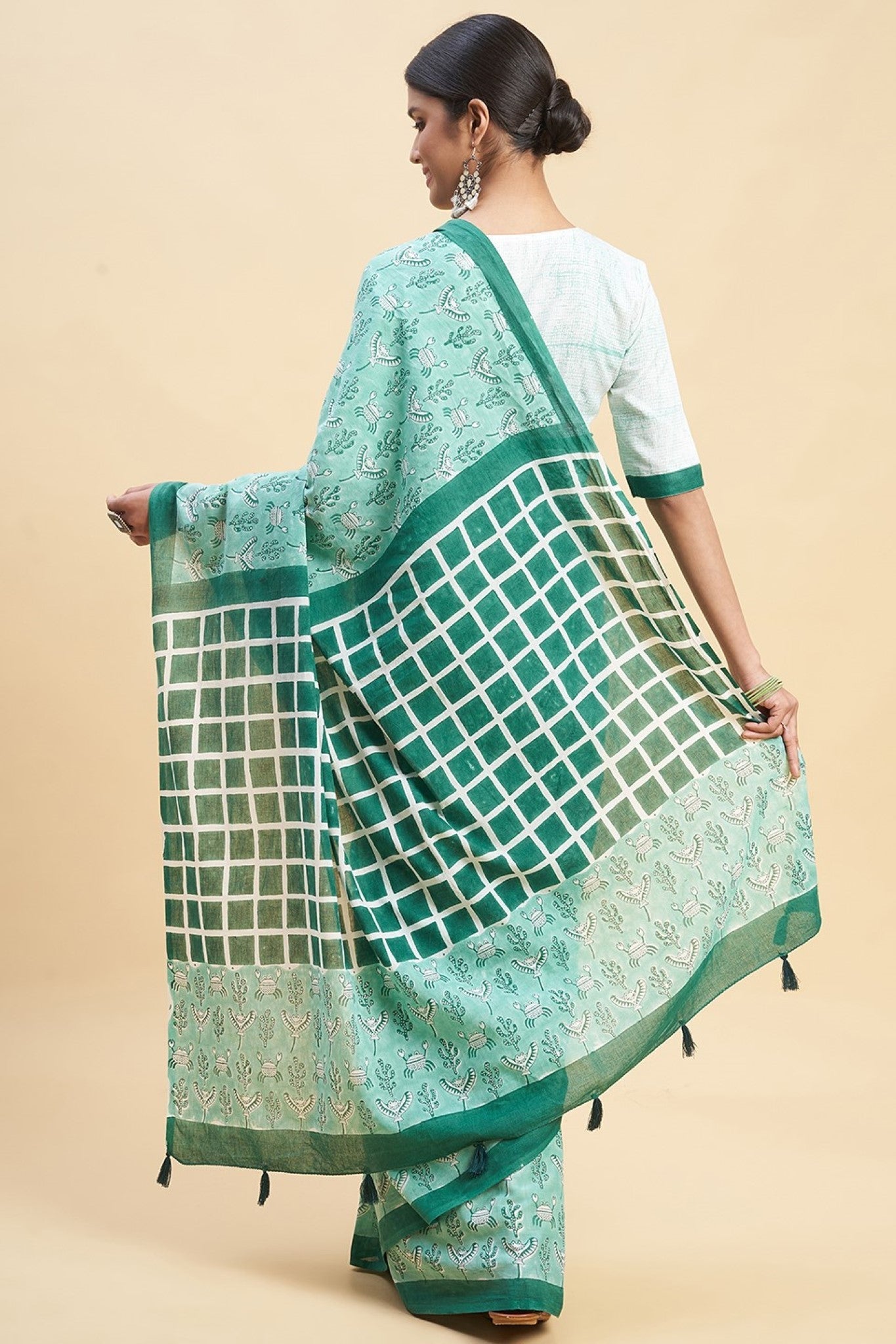 "Crab In Green'' Block Printed Cotton Saree - SootiSyahi