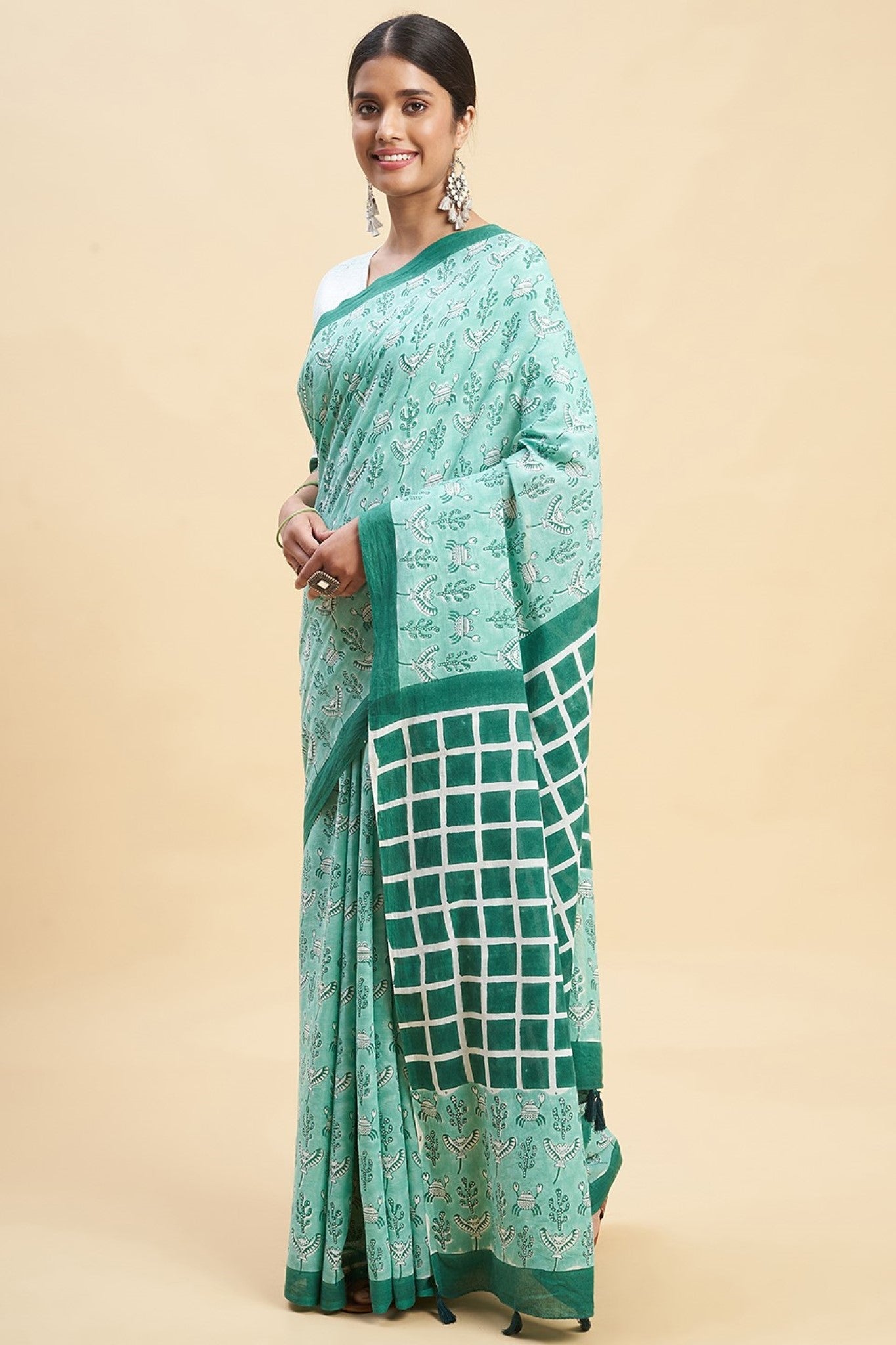 "Crab In Green'' Block Printed Cotton Saree - SootiSyahi