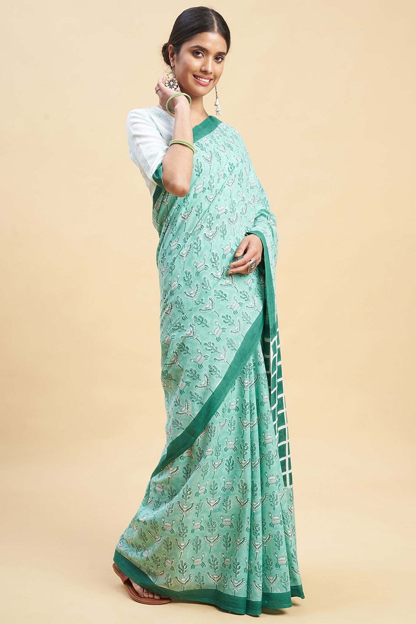 "Crab In Green'' Block Printed Cotton Saree - SootiSyahi