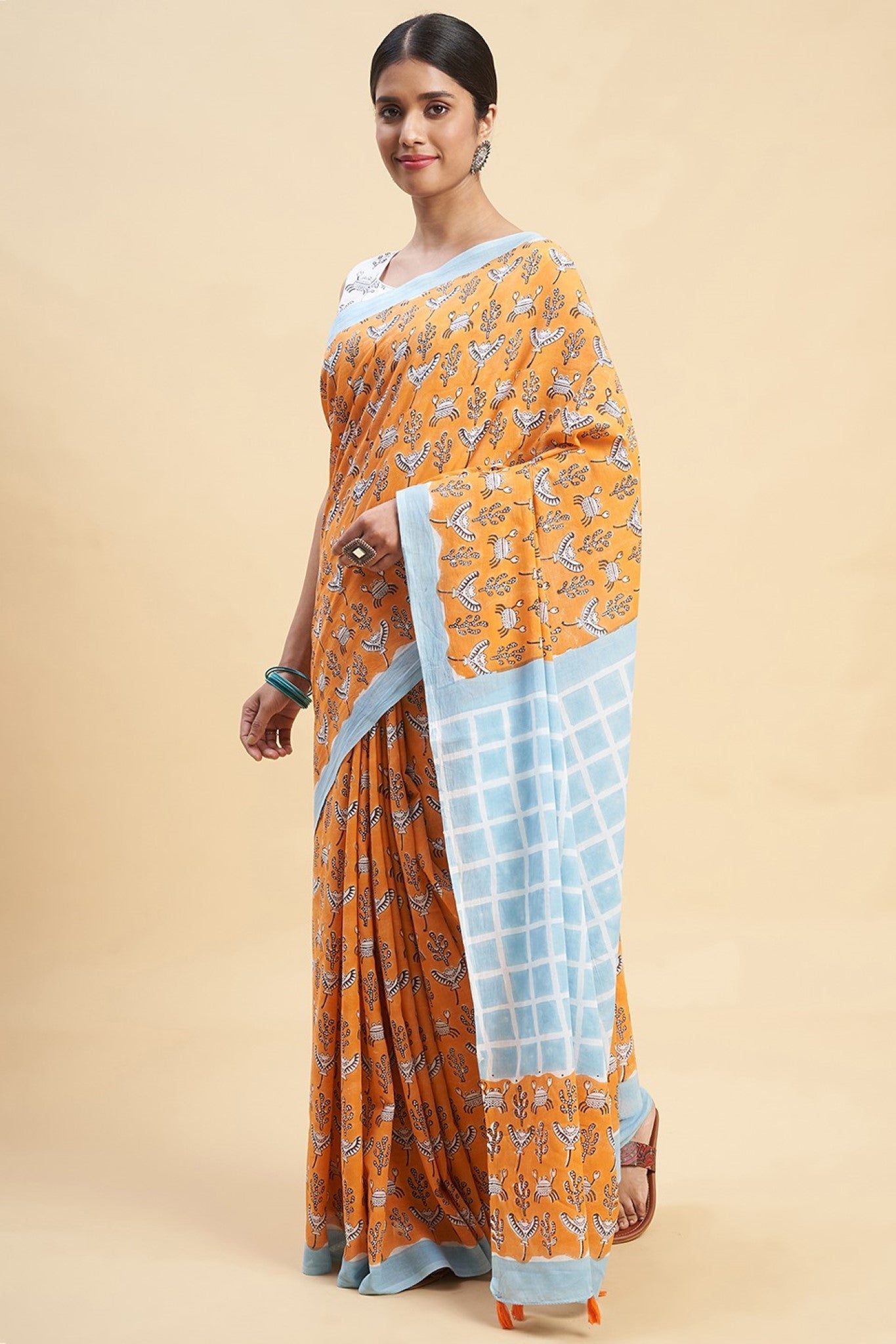"Crab In Orange" HANDBLOCK PRINT MUL COTTON SAREE - SootiSyahi