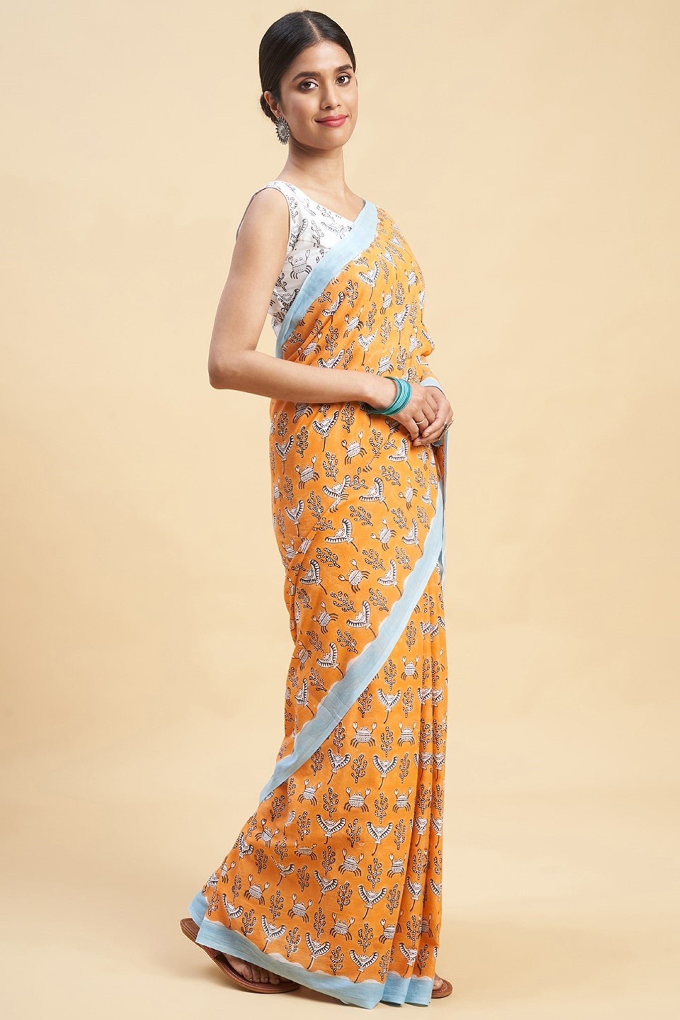 "Crab In Orange" HANDBLOCK PRINT MUL COTTON SAREE - SootiSyahi