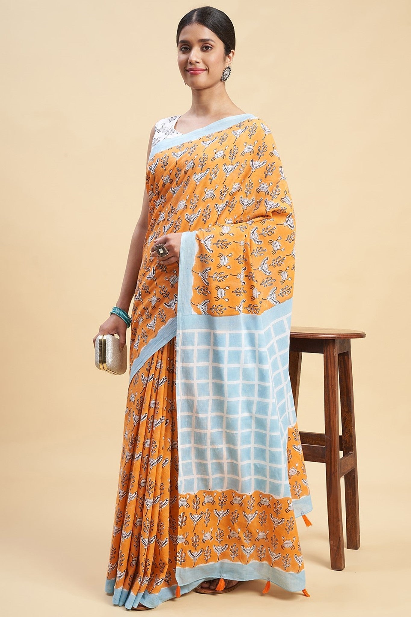 "Crab In Orange" HANDBLOCK PRINT MUL COTTON SAREE - SootiSyahi