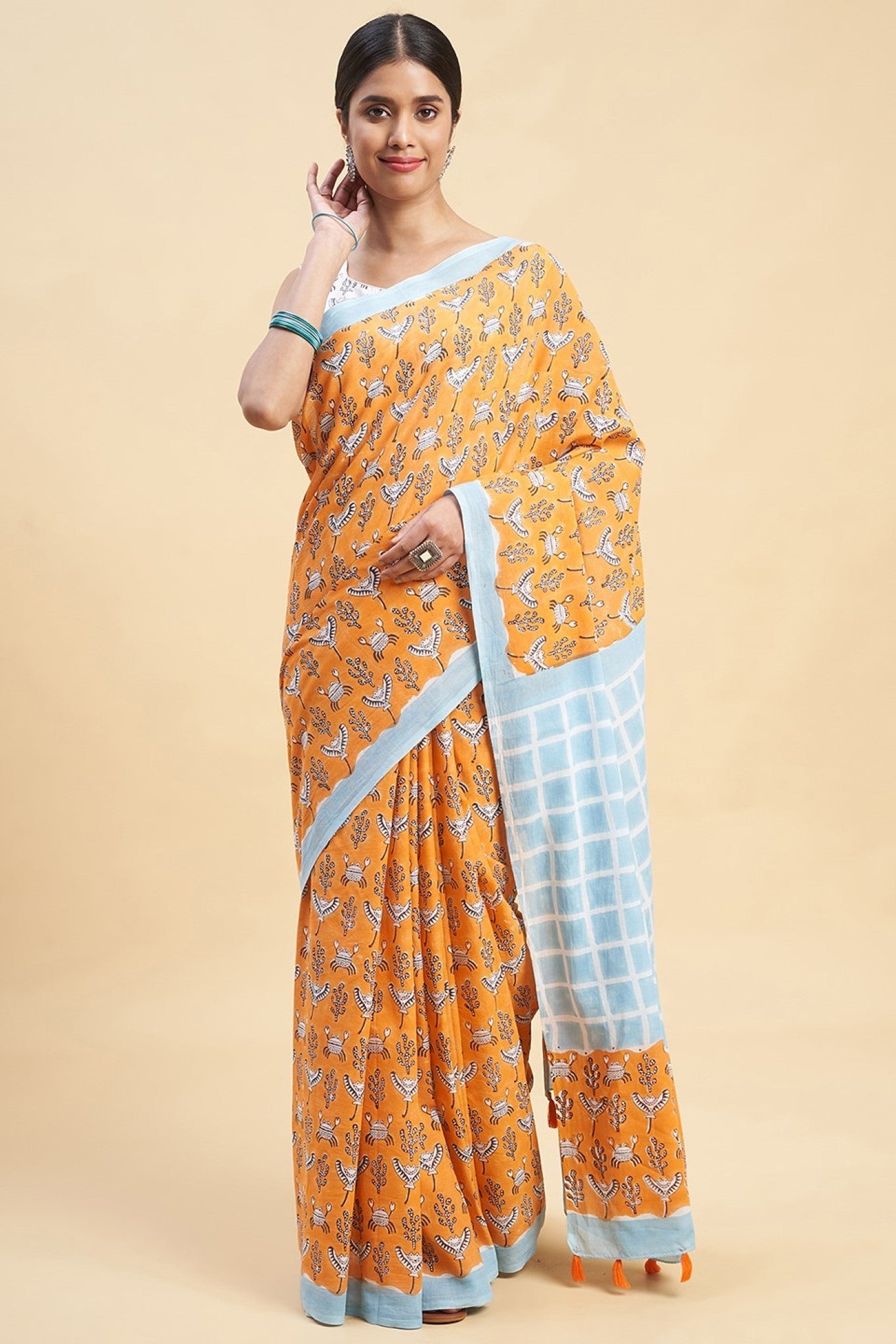 "Crab In Orange" HANDBLOCK PRINT MUL COTTON SAREE - SootiSyahi