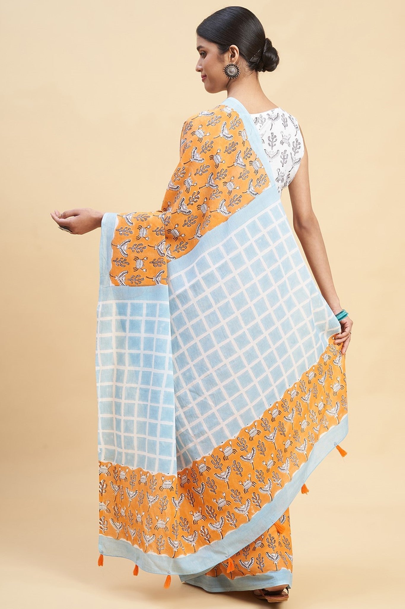 "Crab In Orange" HANDBLOCK PRINT MUL COTTON SAREE - SootiSyahi