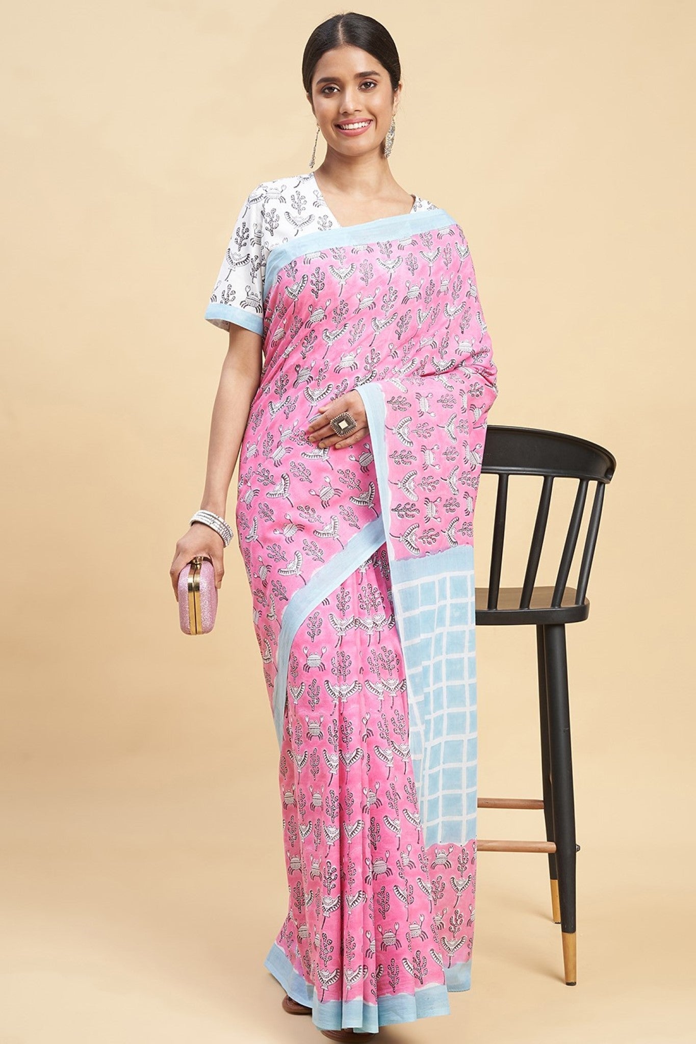 "Crab In Pink'' Block Printed Cotton Saree - SootiSyahi