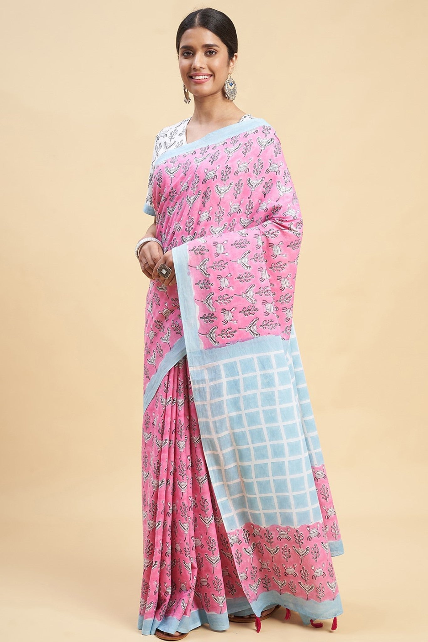 "Crab In Pink'' Block Printed Cotton Saree - SootiSyahi