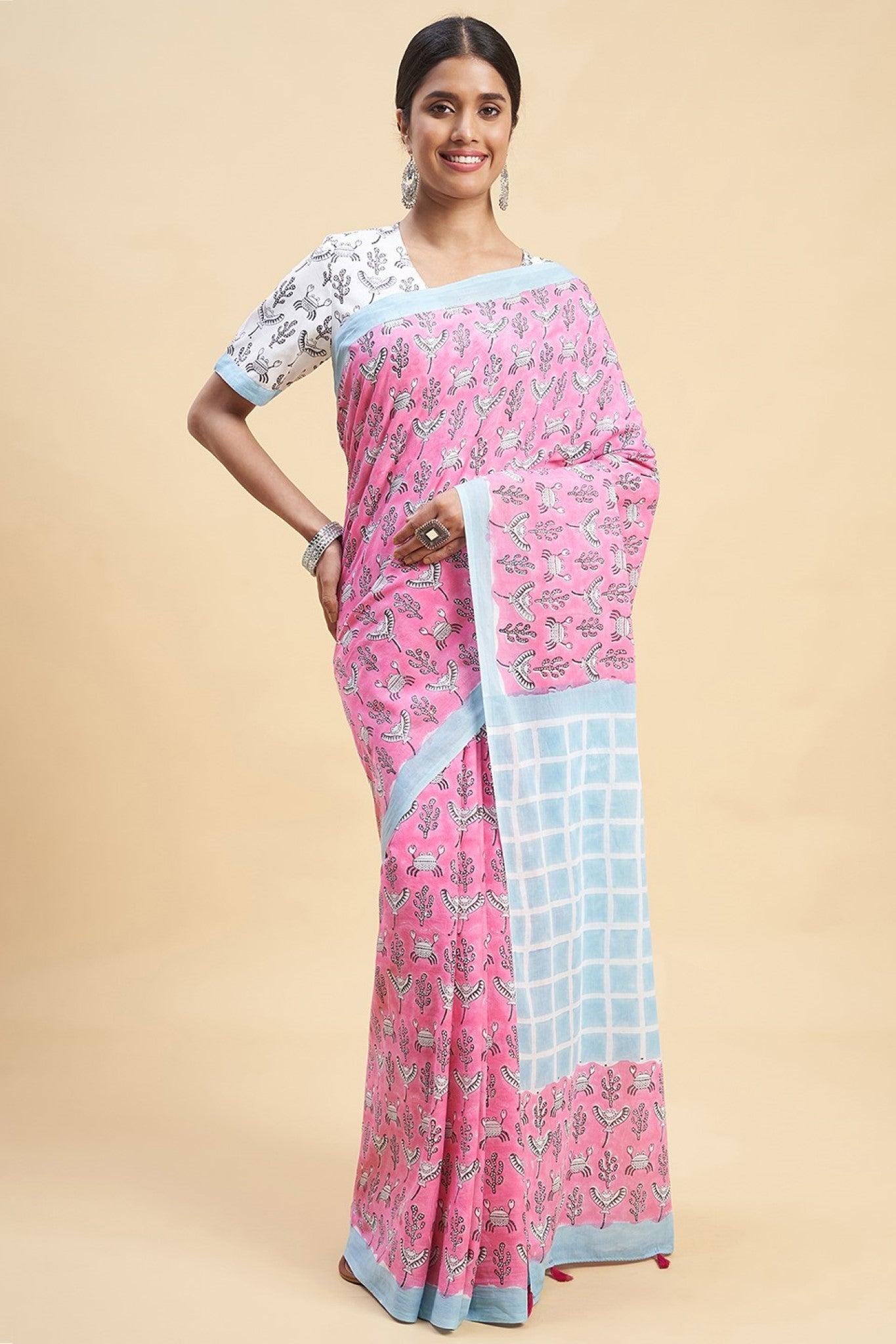 "Crab In Pink'' Block Printed Cotton Saree - SootiSyahi