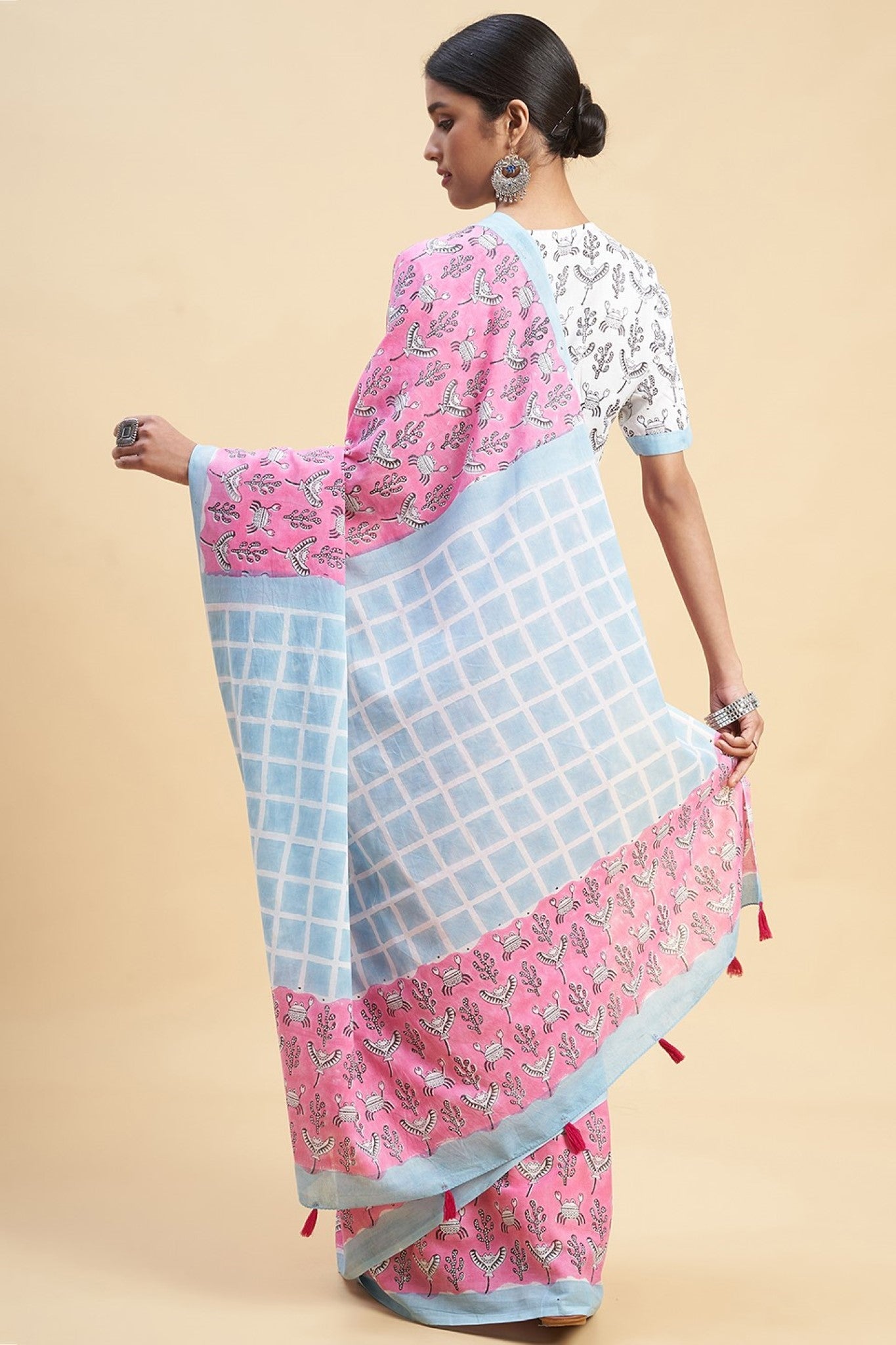 "Crab In Pink'' Block Printed Cotton Saree - SootiSyahi