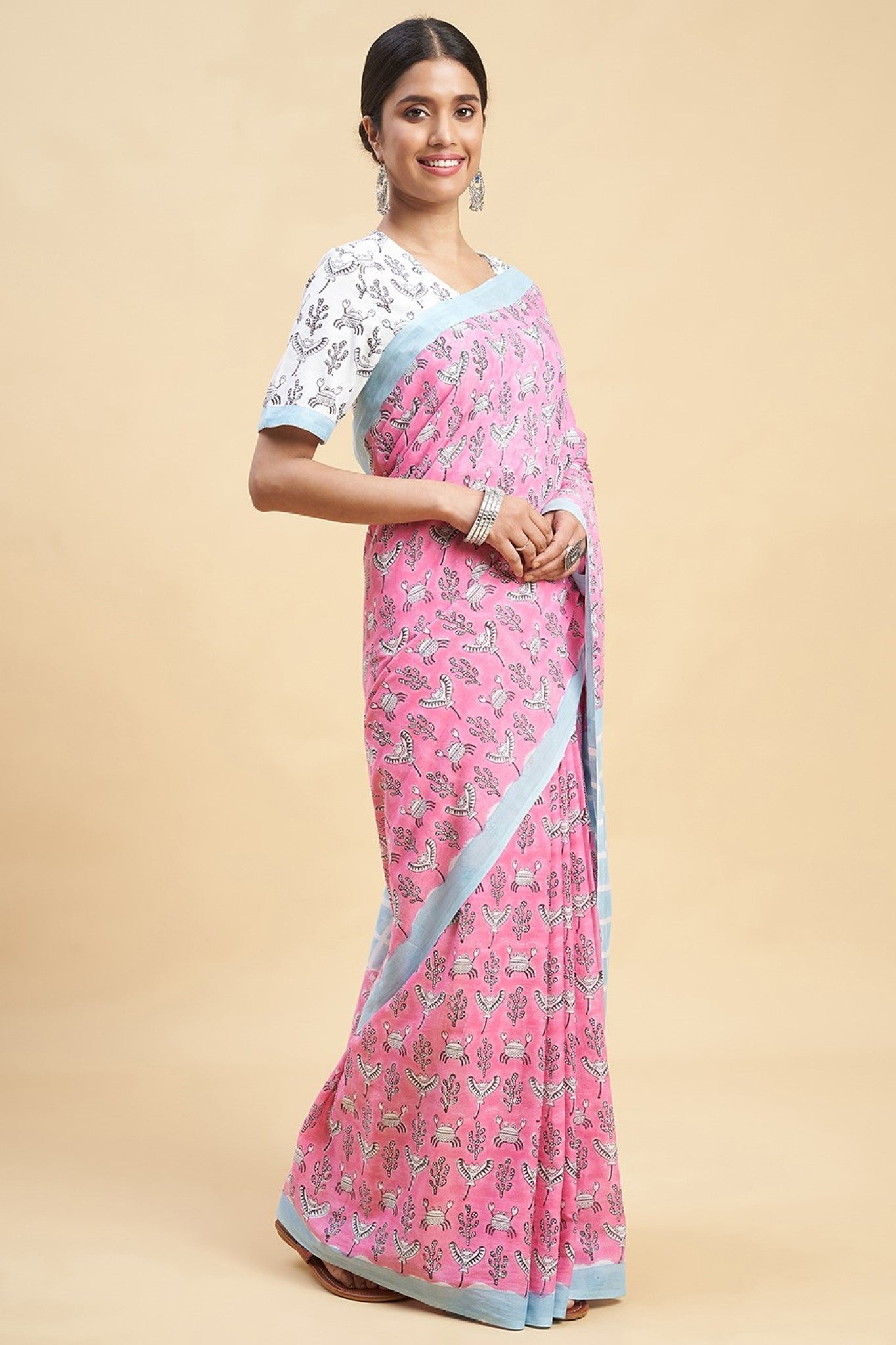 "Crab In Pink'' Block Printed Cotton Saree - SootiSyahi