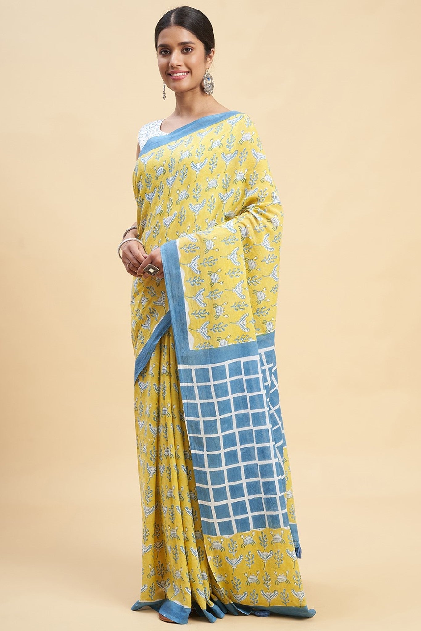 "Crab In Yellow" Block Printed Cotton Saree - SootiSyahi