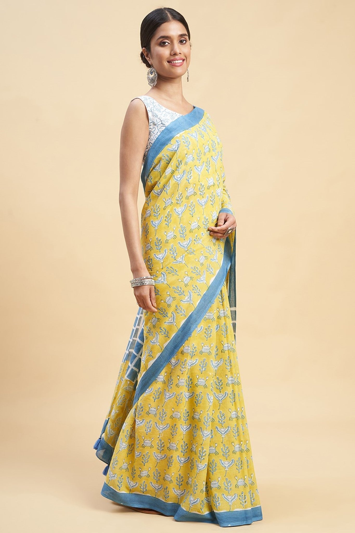 "Crab In Yellow" Block Printed Cotton Saree - SootiSyahi