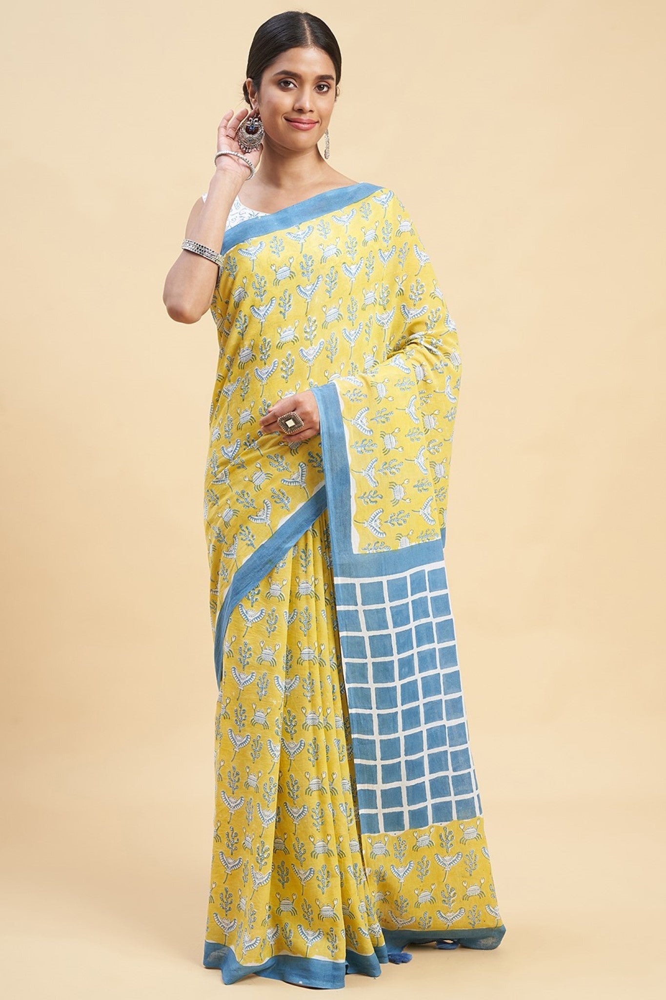 "Crab In Yellow" Block Printed Cotton Saree - SootiSyahi