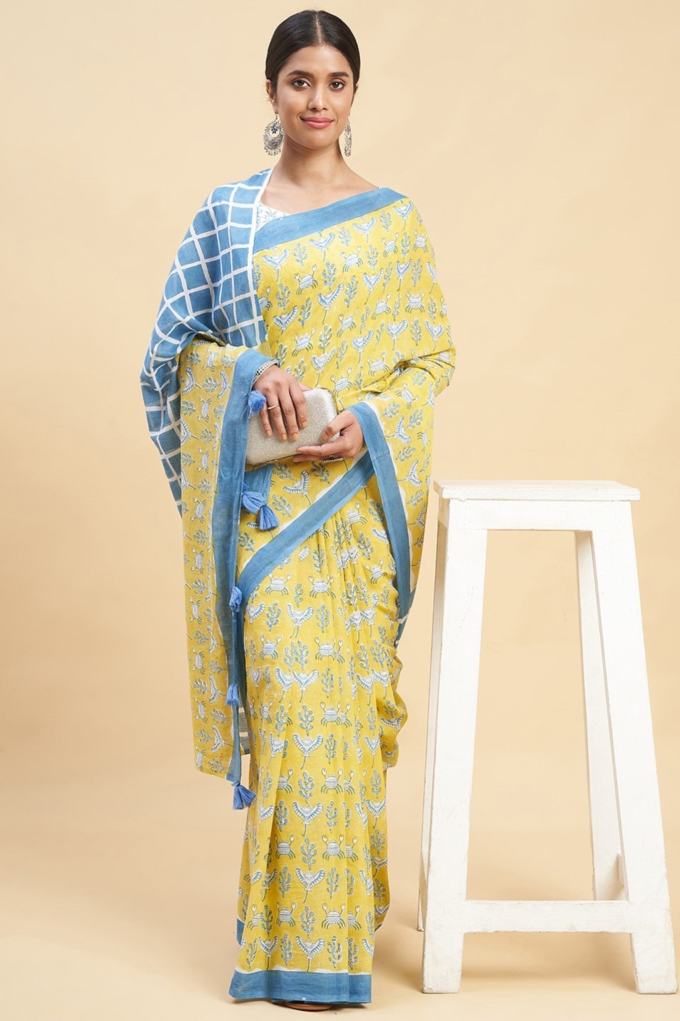 "Crab In Yellow" Block Printed Cotton Saree - SootiSyahi