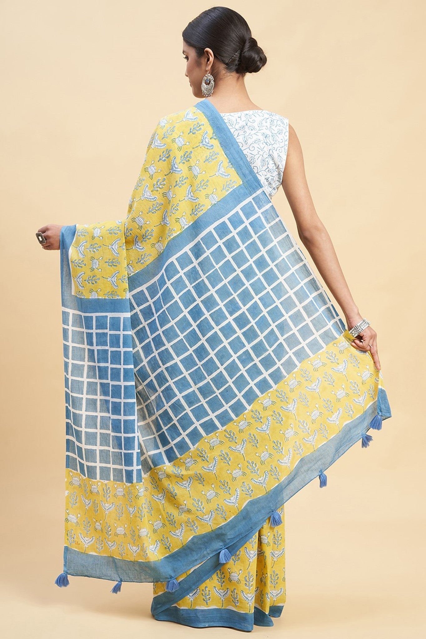 "Crab In Yellow" Block Printed Cotton Saree - SootiSyahi
