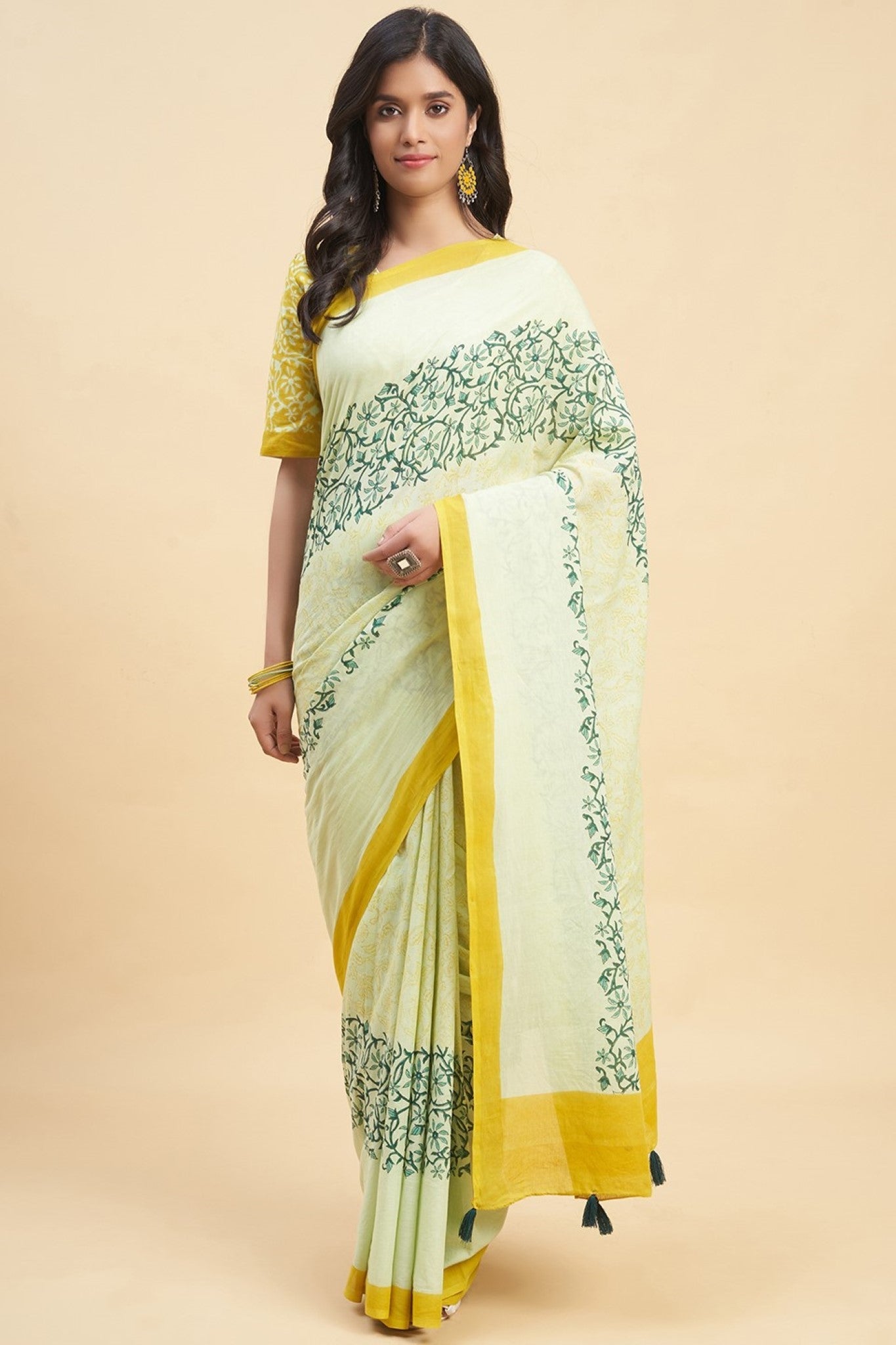 "Crape Myrtle Musterd" HANDBLOCK PRINT MUL COTTON SAREE - SootiSyahi