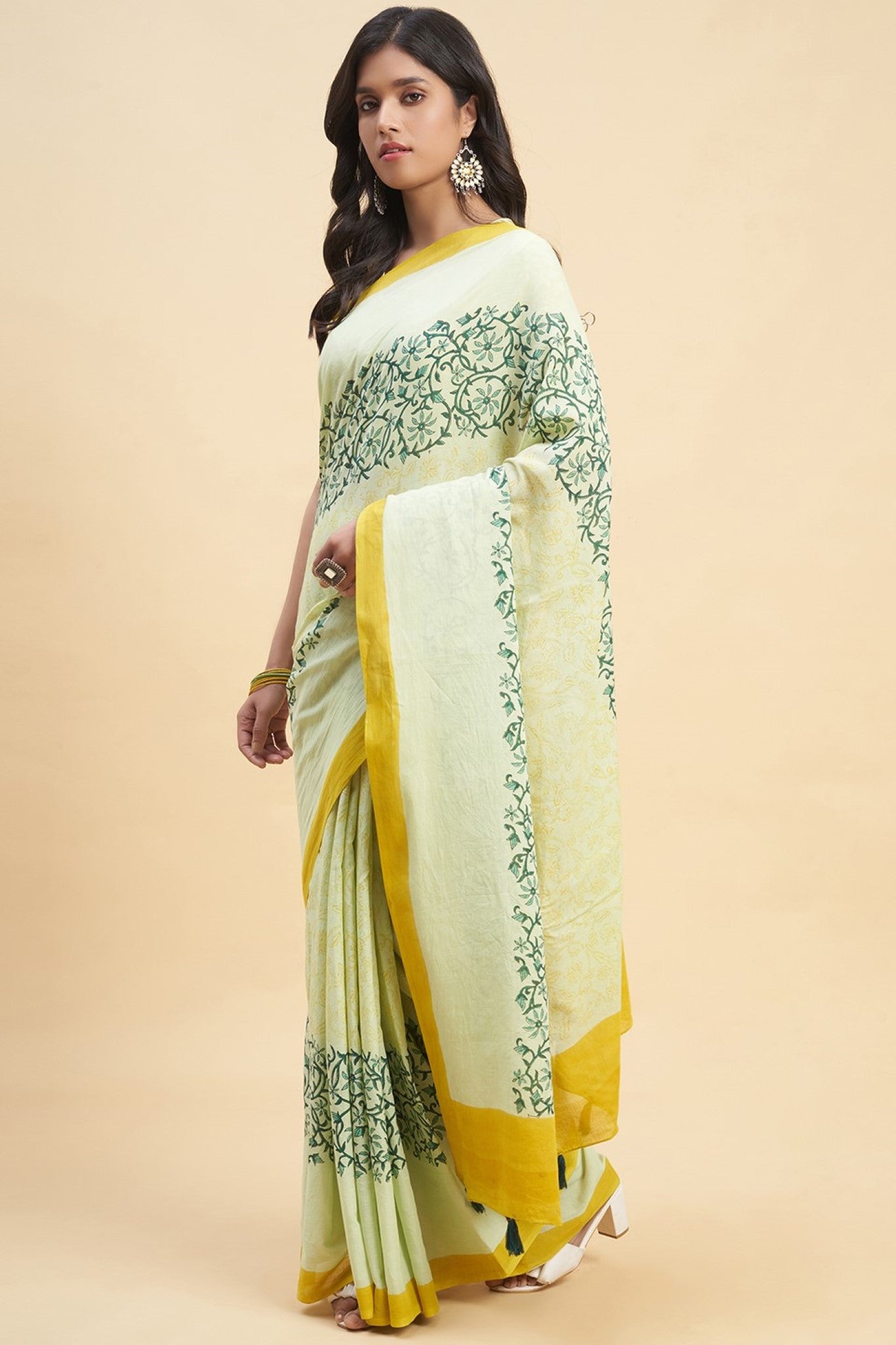 "Crape Myrtle Musterd" HANDBLOCK PRINT MUL COTTON SAREE - SootiSyahi