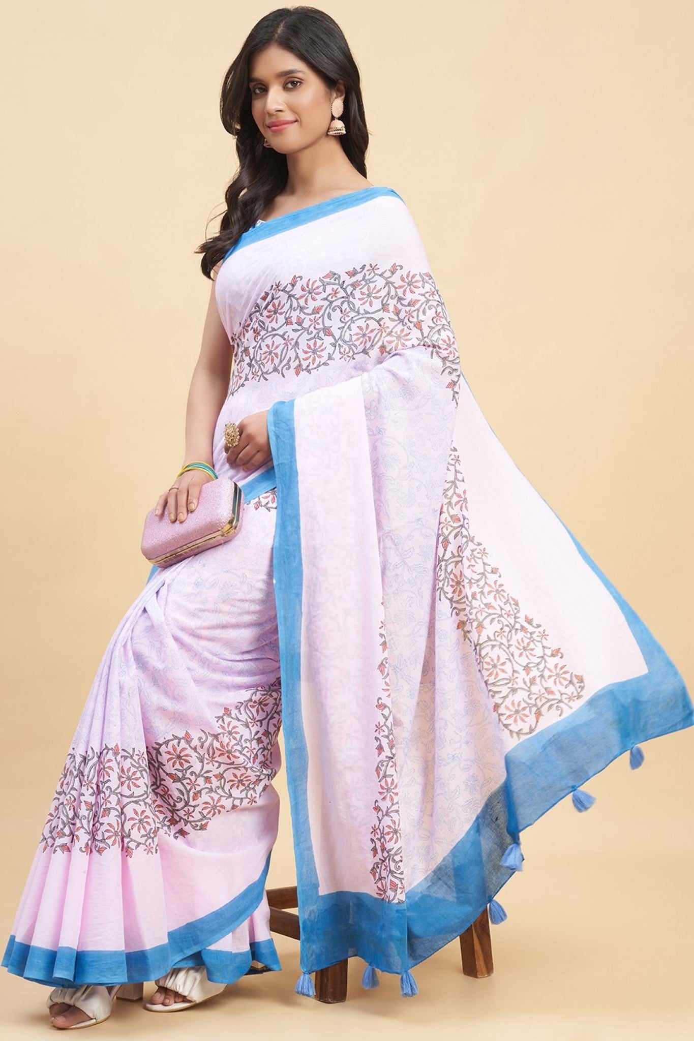 "Crape Myrtle Pink" HANDBLOCK PRINT MUL COTTON SAREE - SootiSyahi