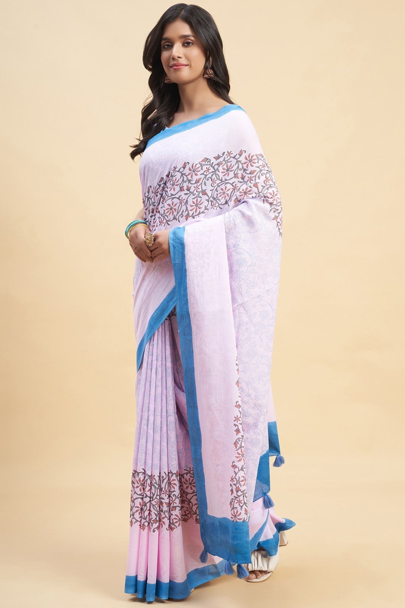 "Crape Myrtle Pink" HANDBLOCK PRINT MUL COTTON SAREE - SootiSyahi