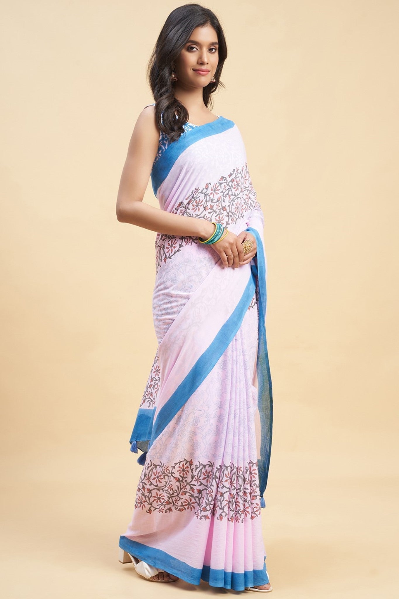 "Crape Myrtle Pink" HANDBLOCK PRINT MUL COTTON SAREE - SootiSyahi