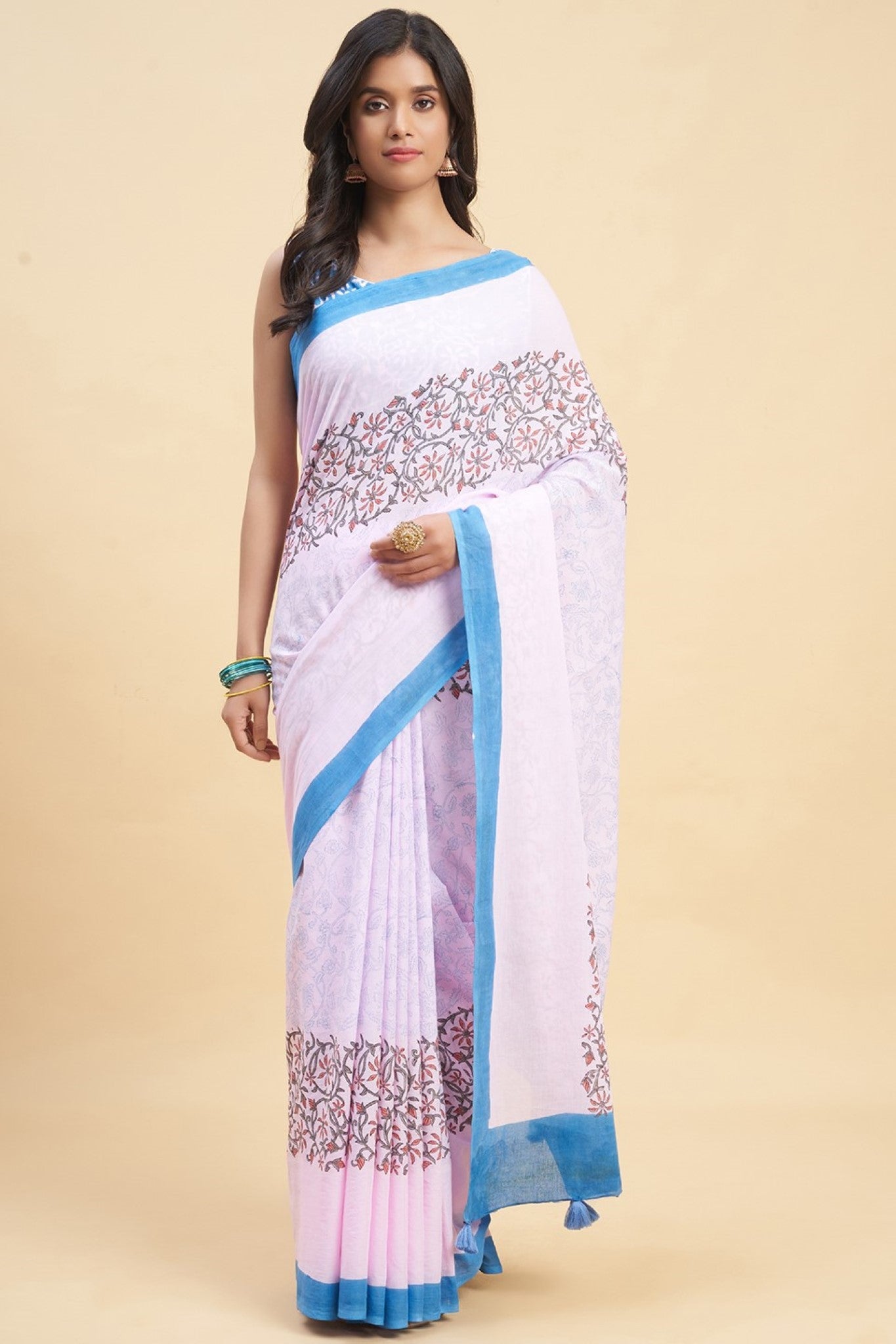 "Crape Myrtle Pink" HANDBLOCK PRINT MUL COTTON SAREE - SootiSyahi