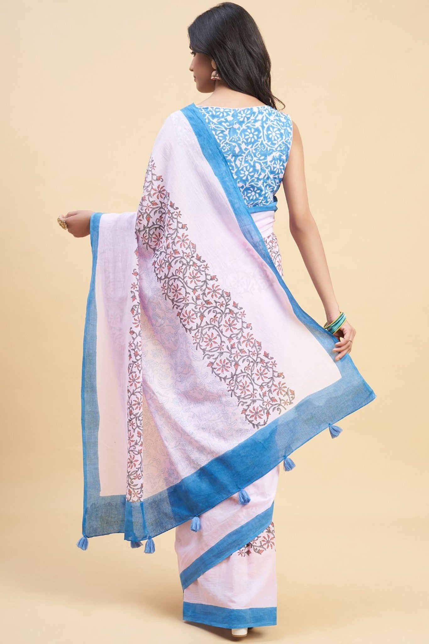 "Crape Myrtle Pink" HANDBLOCK PRINT MUL COTTON SAREE - SootiSyahi