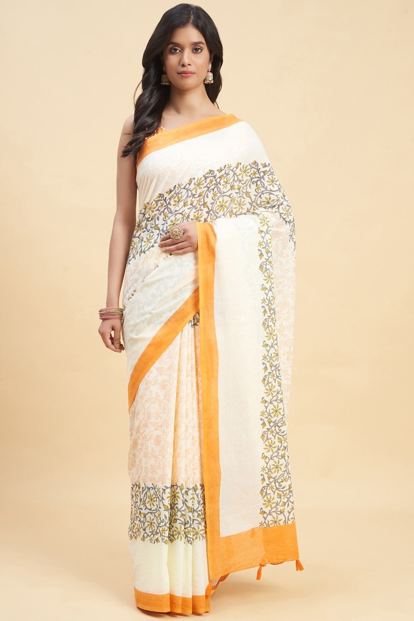 "Crape Myrtle Saffron" HANDBLOCK PRINT MUL COTTON SAREE - SootiSyahi