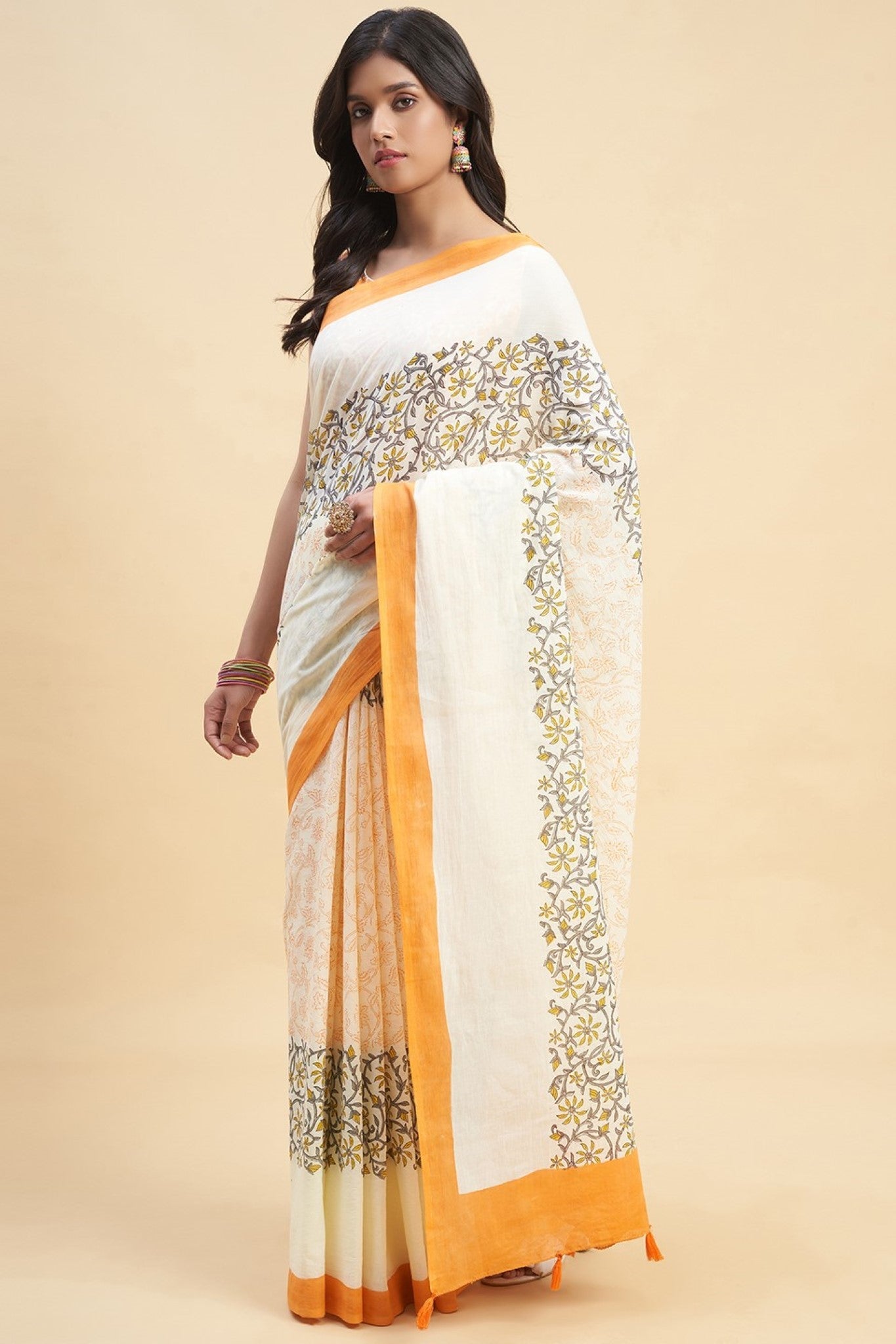 "Crape Myrtle Saffron" HANDBLOCK PRINT MUL COTTON SAREE - SootiSyahi