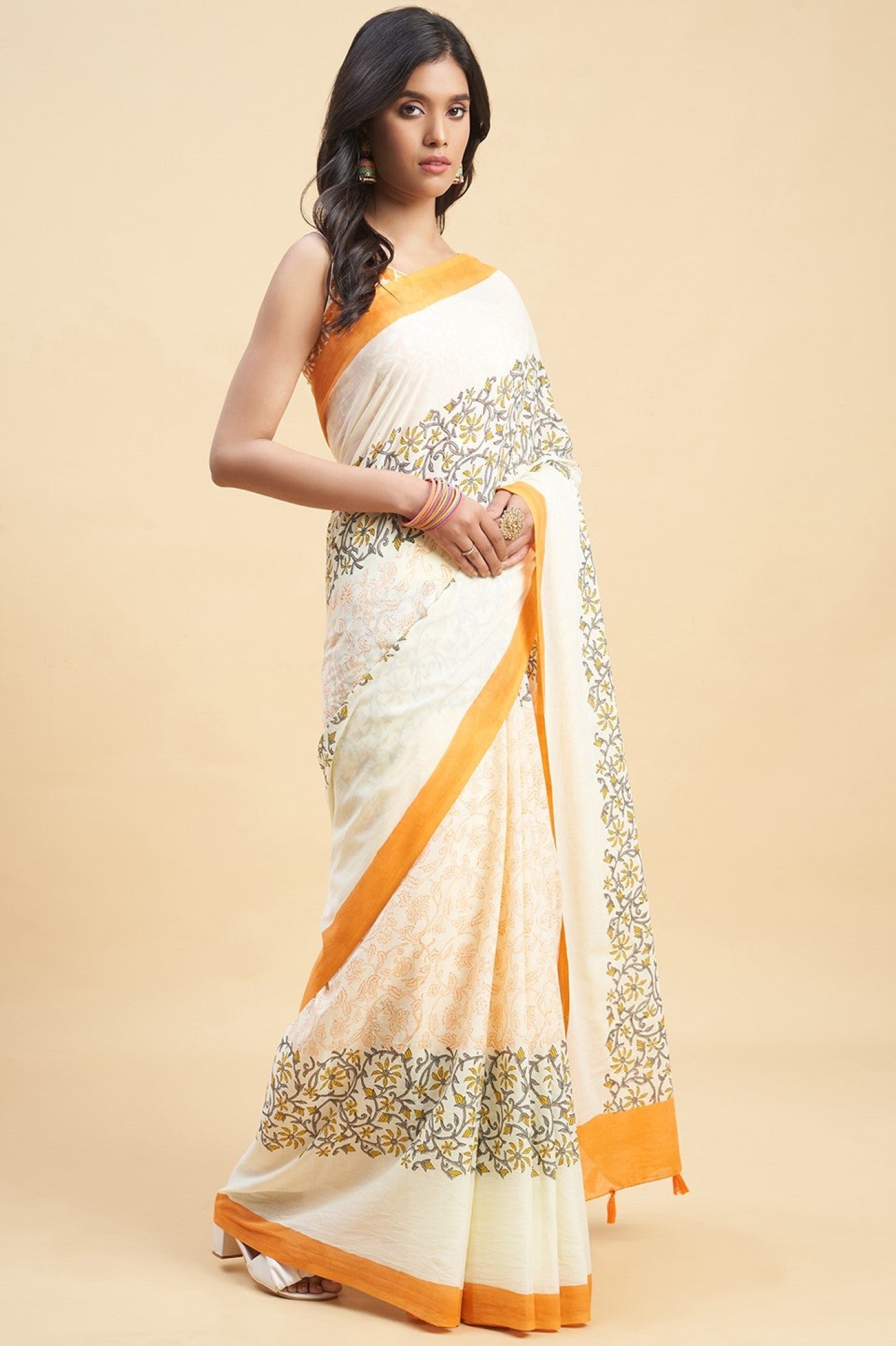 "Crape Myrtle Saffron" HANDBLOCK PRINT MUL COTTON SAREE - SootiSyahi