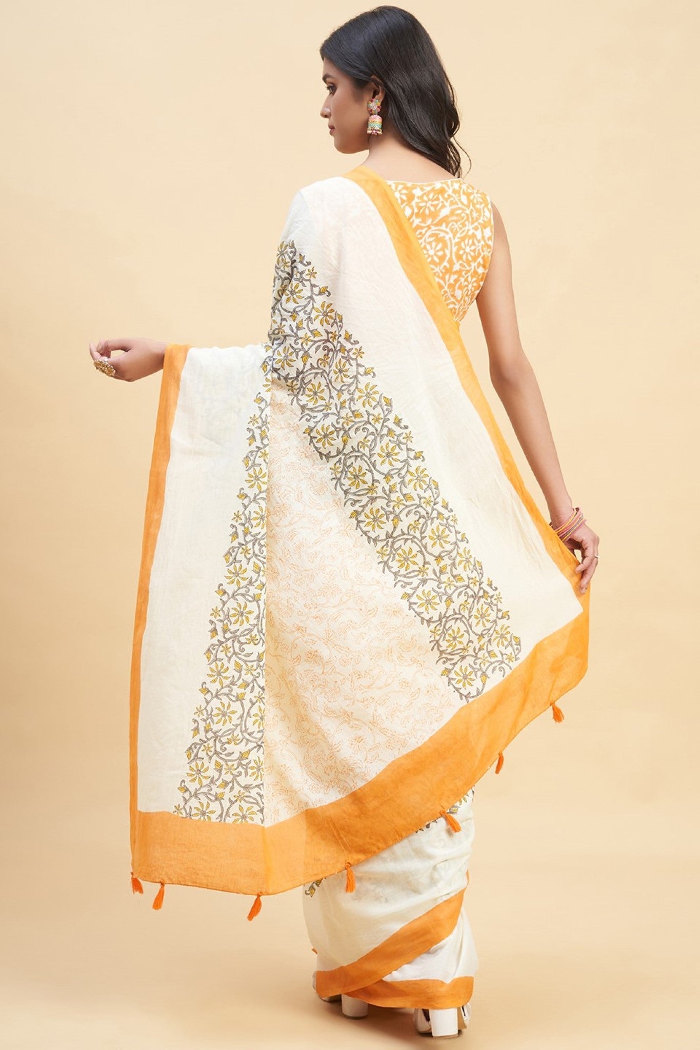 "Crape Myrtle Saffron" HANDBLOCK PRINT MUL COTTON SAREE - SootiSyahi