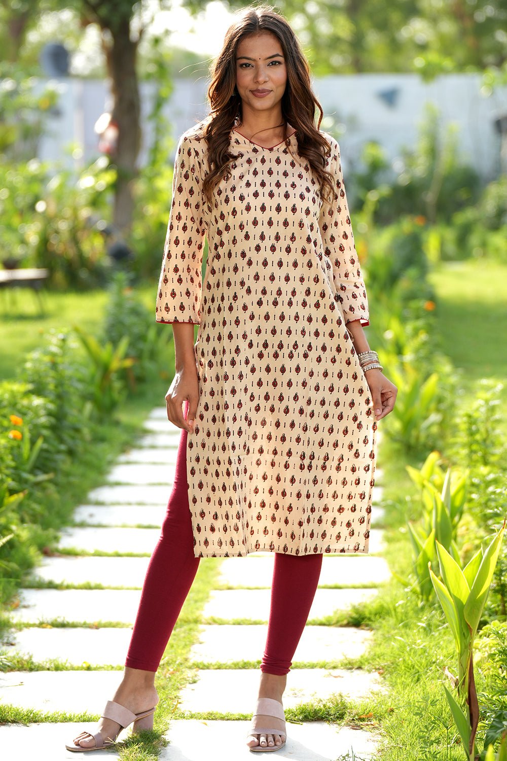 Creamy Mulberry Handblock Printed Cotton Kurti - SootiSyahi