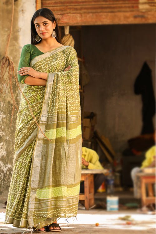 "CREDENCE" KASHISH DABU HANDBLOCK PRINT SLUB COTTON SAREE - SootiSyahi