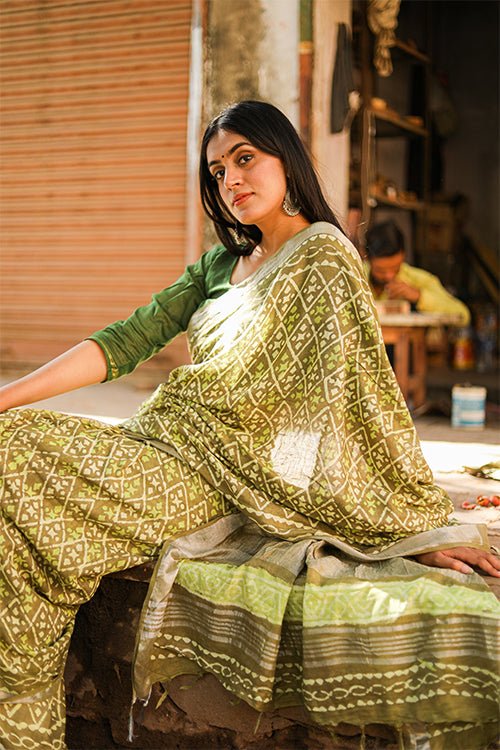 "CREDENCE" KASHISH DABU HANDBLOCK PRINT SLUB COTTON SAREE - SootiSyahi