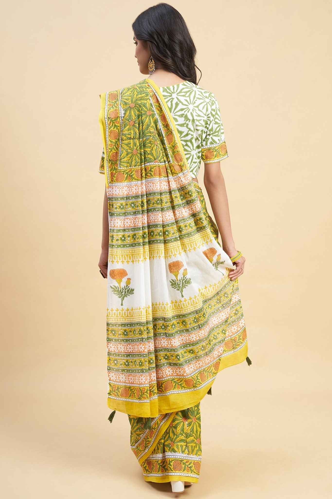 "Daffodil Green" HANDBLOCK PRINT MUL COTTON SAREE - SootiSyahi