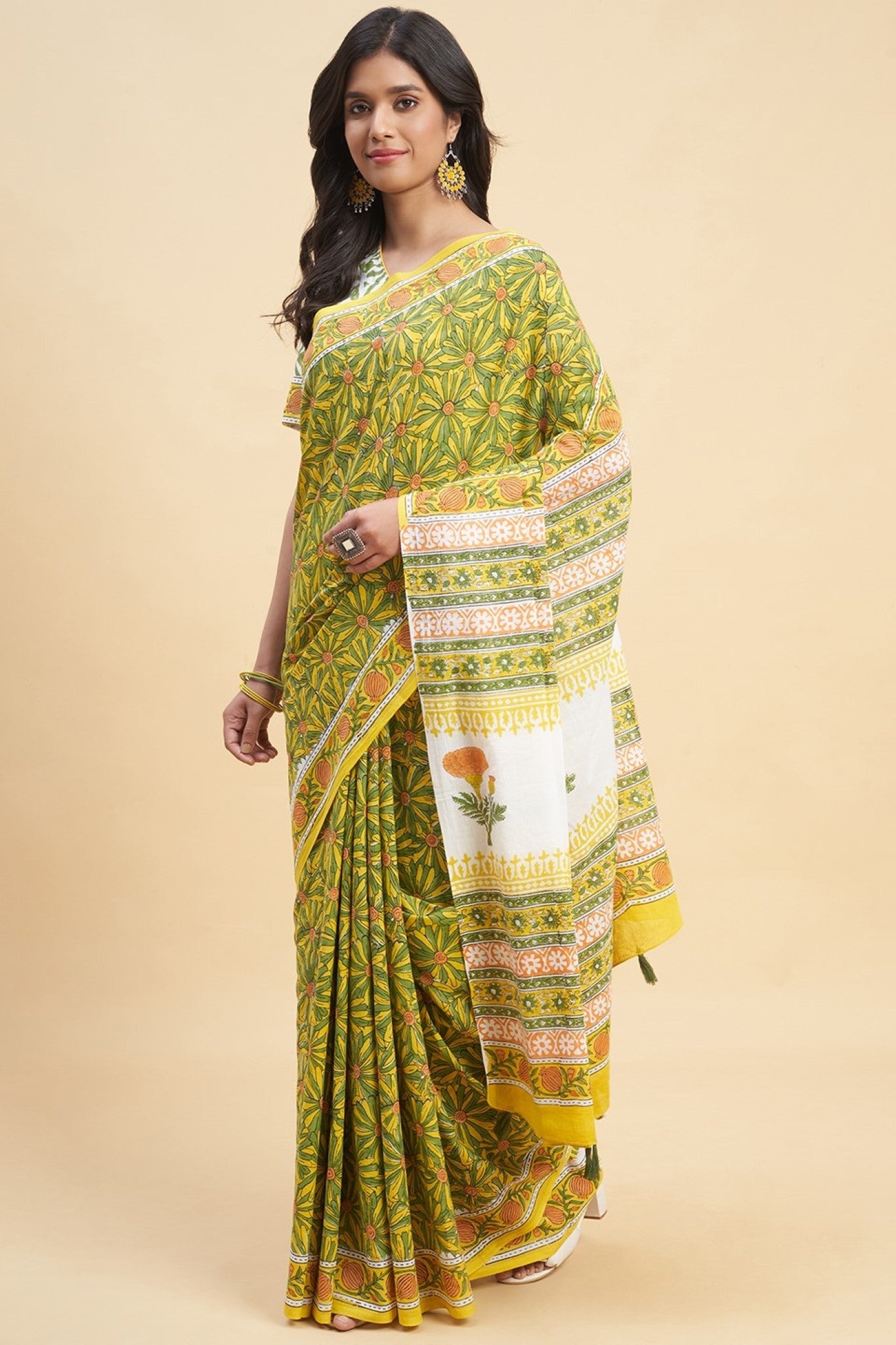 "Daffodil Green" HANDBLOCK PRINT MUL COTTON SAREE - SootiSyahi
