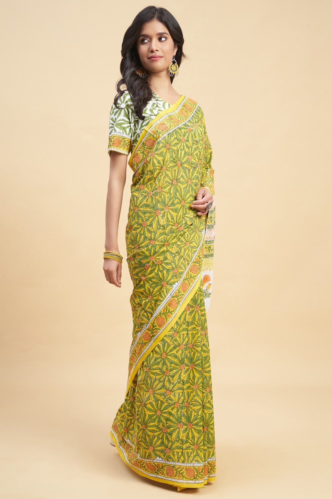 "Daffodil Green" HANDBLOCK PRINT MUL COTTON SAREE - SootiSyahi