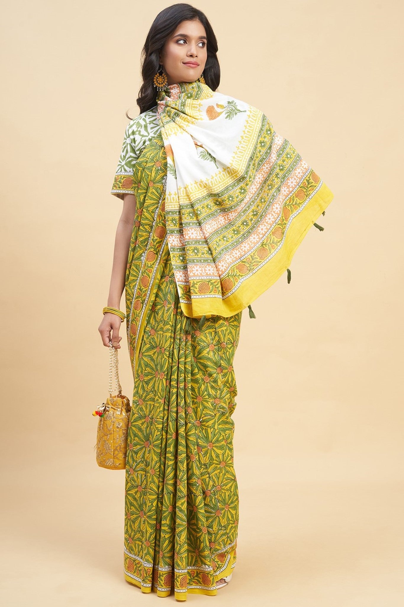 "Daffodil Green" HANDBLOCK PRINT MUL COTTON SAREE - SootiSyahi