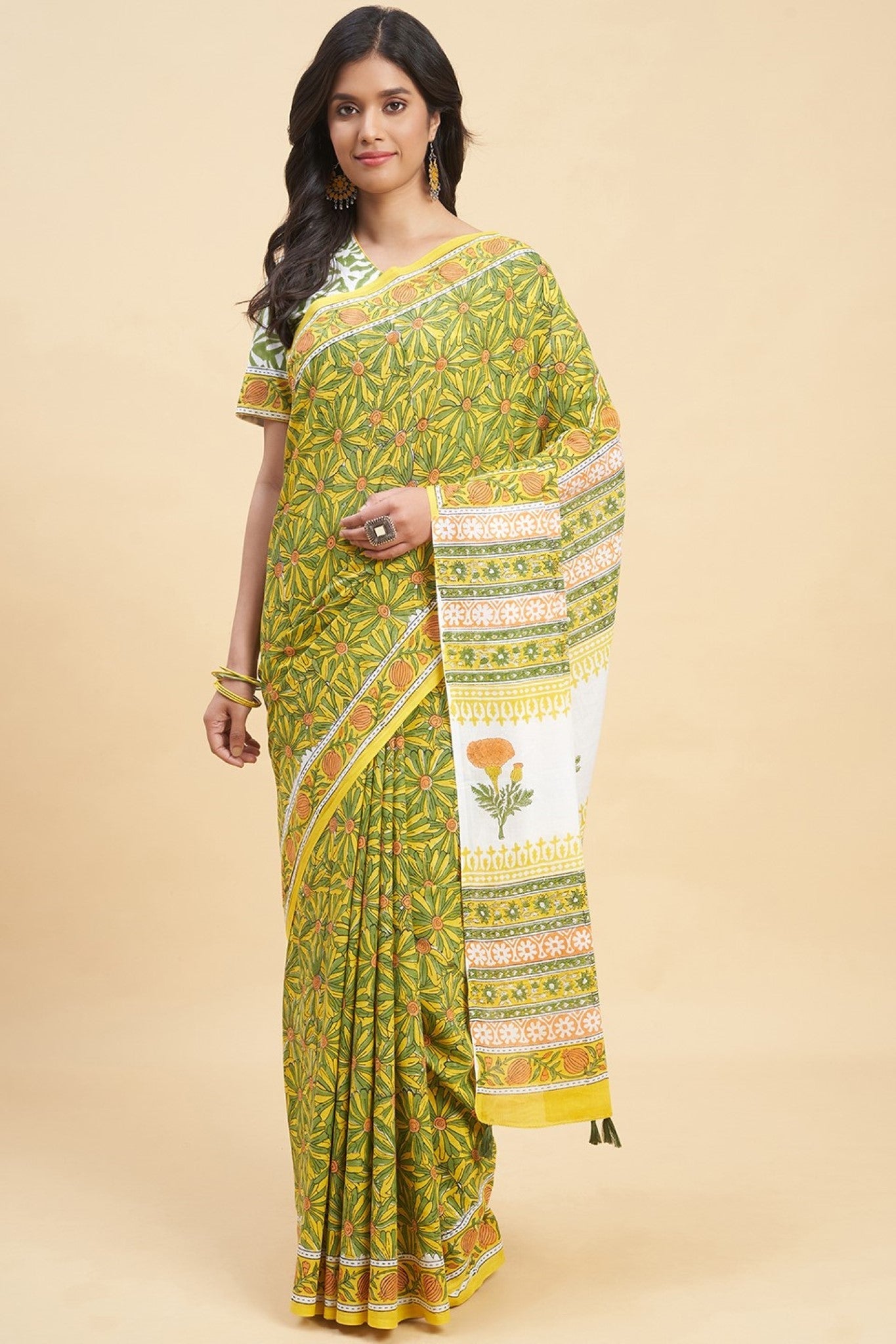 "Daffodil Green" HANDBLOCK PRINT MUL COTTON SAREE - SootiSyahi