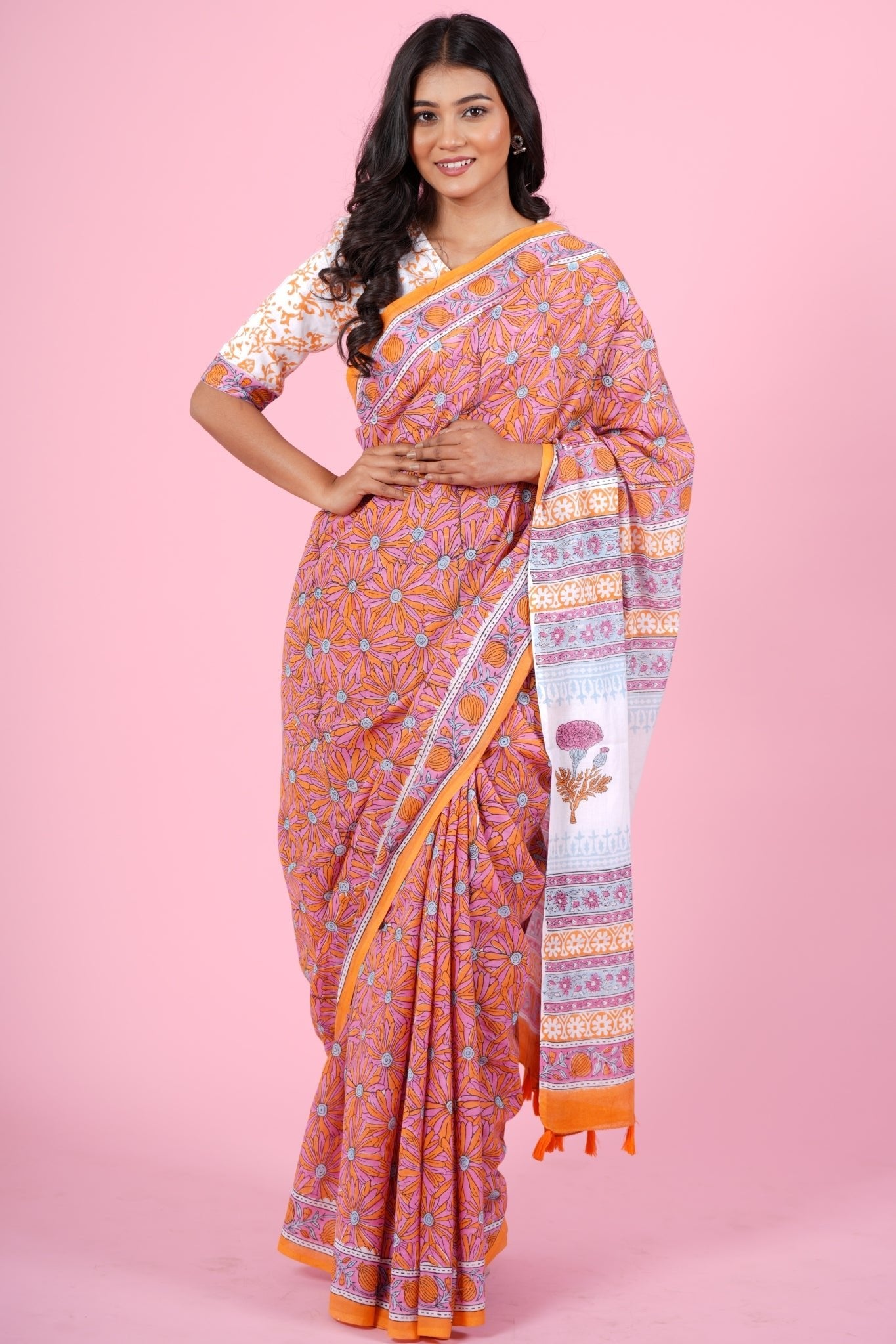 "Daffodil Pink" HANDBLOCK PRINT MUL COTTON SAREE - SootiSyahi