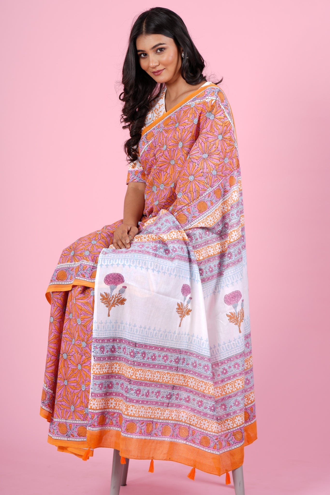 "Daffodil Pink" HANDBLOCK PRINT MUL COTTON SAREE - SootiSyahi