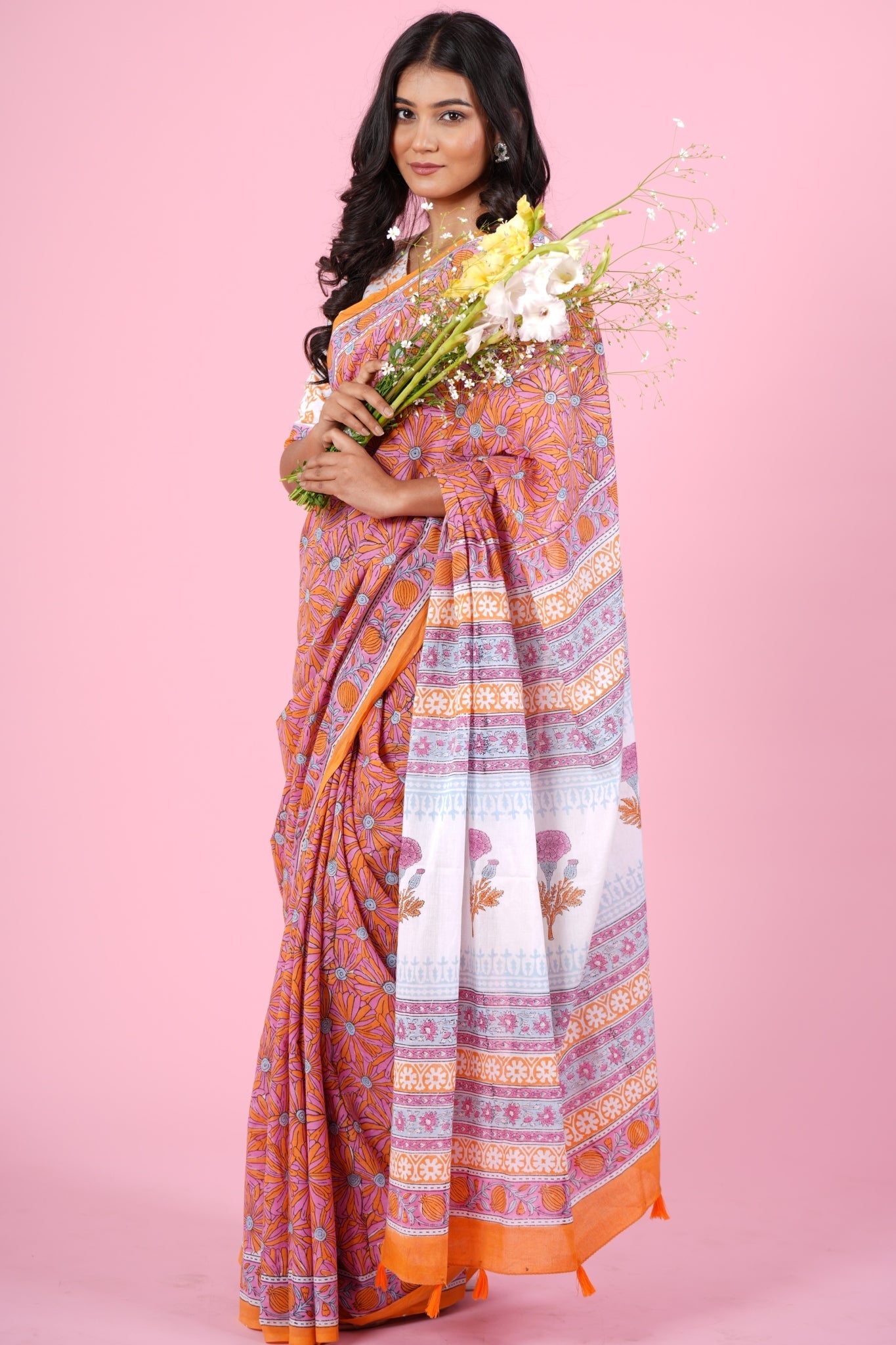 "Daffodil Pink" HANDBLOCK PRINT MUL COTTON SAREE - SootiSyahi