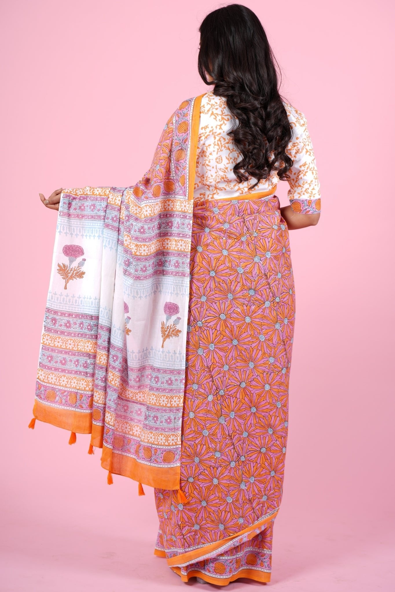 "Daffodil Pink" HANDBLOCK PRINT MUL COTTON SAREE - SootiSyahi