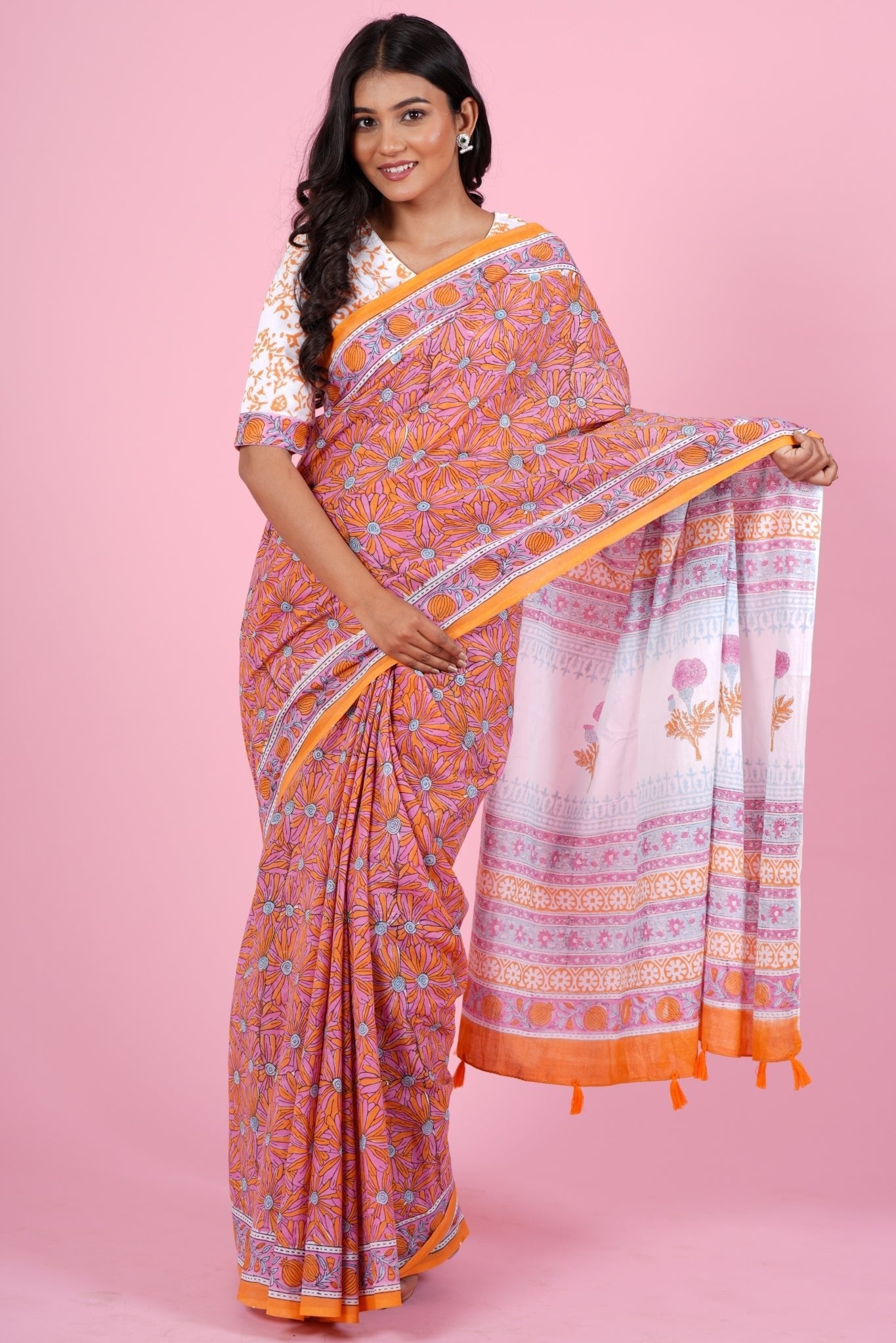 "Daffodil Pink" HANDBLOCK PRINT MUL COTTON SAREE - SootiSyahi
