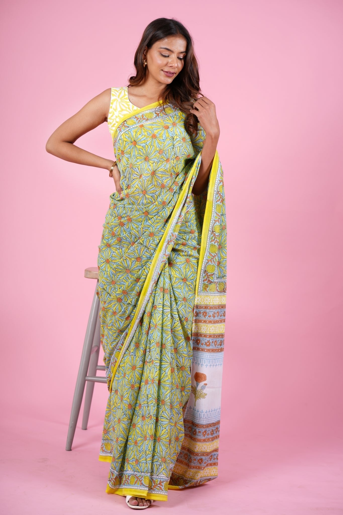 "Daffodil Yellow" HANDBLOCK PRINT MUL COTTON SAREE - SootiSyahi