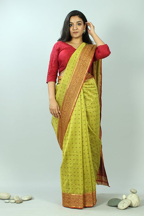 Discharge Handblock Printed Maheshwari Saree - SootiSyahi