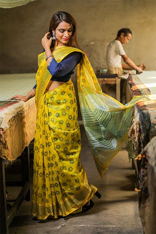 Discharge Handblock Printed Maheshwari Saree - SootiSyahi