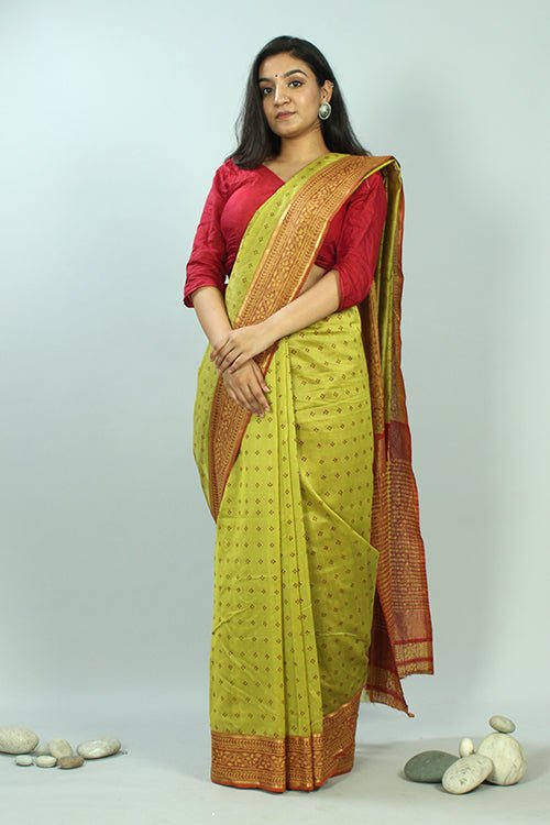 Discharge Handblock Printed Maheshwari Saree - SootiSyahi