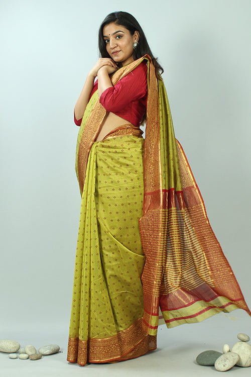 Discharge Handblock Printed Maheshwari Saree - SootiSyahi